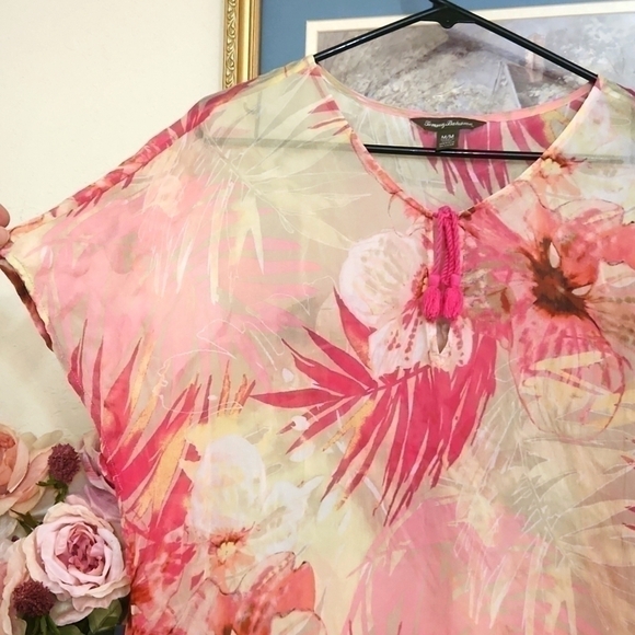 100%Silk Tommy Bahama Sheer Top Coastal Vacation Cruise Lagenlook Career Medium - Picture 2 of 10